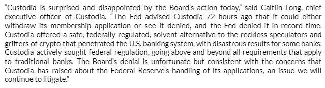 Custodia Bank denied Federal Reserve Membership